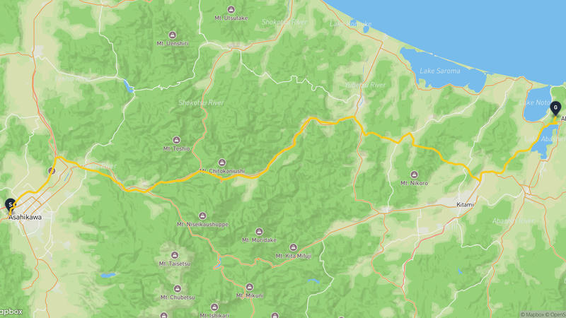 旭川市至網走市 駕車路線