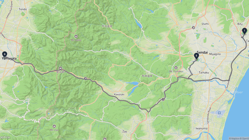 仙台城至山形城 驾车路线