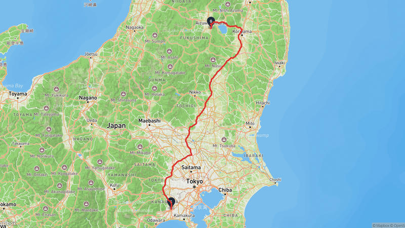 厚木市至會津若松城 駕車路線