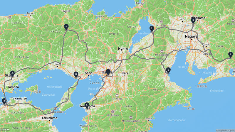 和歌山城至明石城 驾车路线