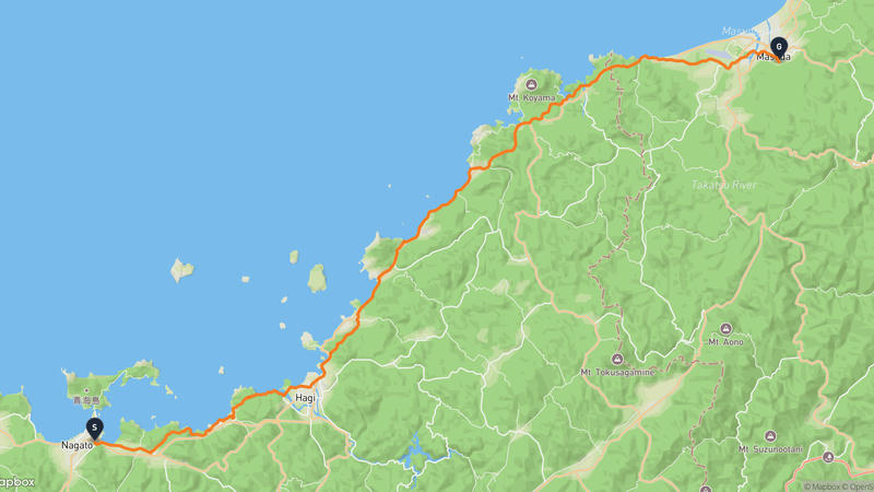 長門市至島根縣立石見美術館 騎行路線