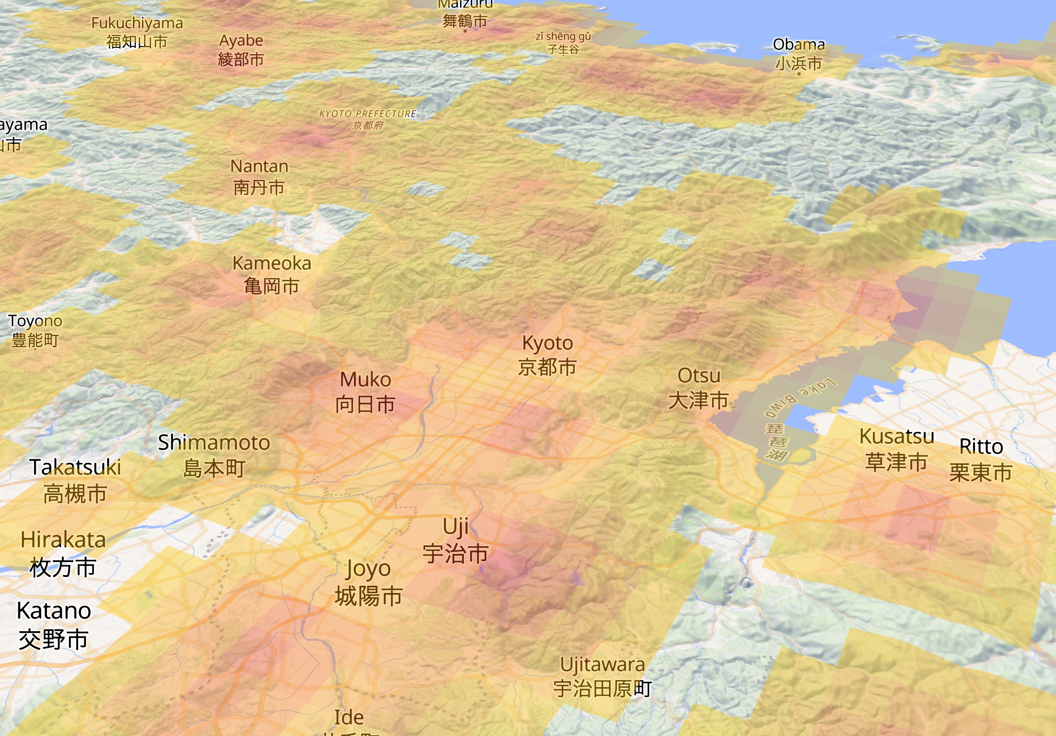 Bear risk prediction map showing colored grid cells over Kyoto